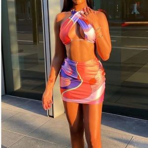 NWT Fashion Nova Psychedelic Fantasy Mini Skirt And Top Set - Pink/Combo